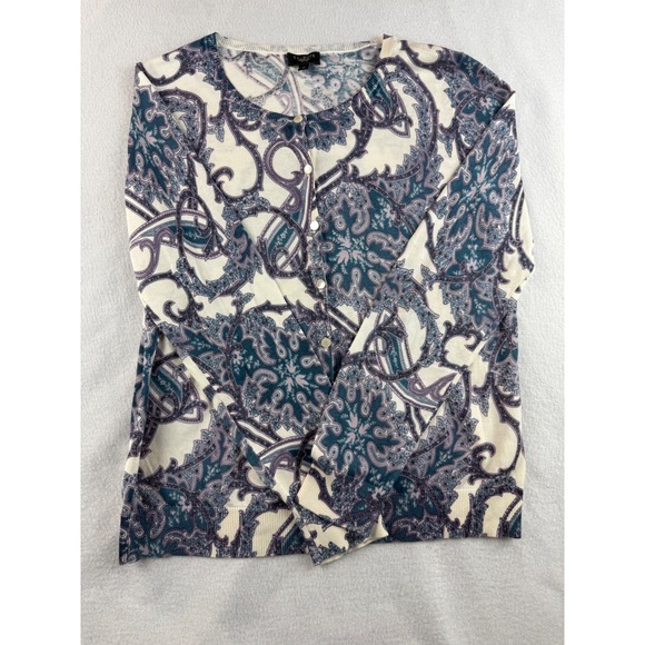 Talbots Petites Cardigan M Cream Teal Purple Paisley Button‎ Up Sweater Top - Picture 1 of 8